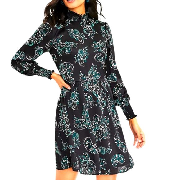 LOFT Dress Paisley Ruffle Neck‎ Long Sleeve Short Satin Navy Blue Babydoll 2 - Picture 1 of 14
